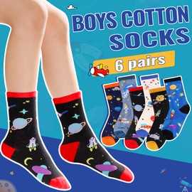 DoSmart Kids Boy Socks Cartoon Cotton Novelty Funny Child Sport School Daily Seamless Crew Socks for Teenage Boys 6 Pairs (Space, 3-5 Years)