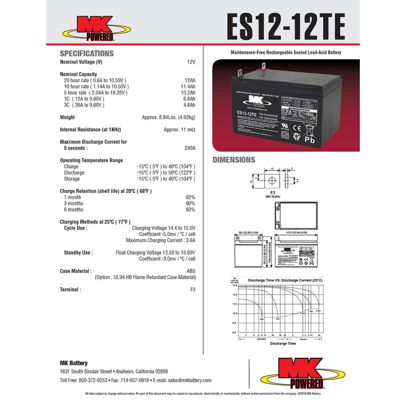 MK Battery ES12-12TE Maintenance-Free Rechargeable Sealed Lead-Acid Battery