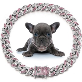 LEIFIDE Dog Chain Collar Diamond Link Puppy Collar 12 mm Wide Dog Necklace Metal Cat Chain Pet Crystal Necklace Jewelry Accessories for Small Medium Large Pet(8 Inch,Silver, Pink White)