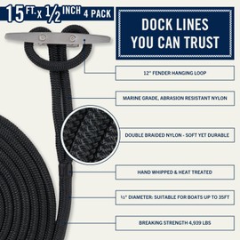 RainierSupplyCo Dock Lines 4-Pack - Boat Rope for Docking with Loop - 15 ft x 1/2 Inch Premium Double Braided Nylon Marine Rope - Mooring Line with 12" Eyelet - Boat Accessories - Black