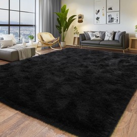 Large 8x10 Area Rugs for Living Room, Black Soft Shag Rug for Bedroom, Non-Slip Ultra Fluffy Rug, Modern Plush Carpet for Girls Boys Kids Room Dorm, Fuzzy Rug for Home Decor Aesthetic
