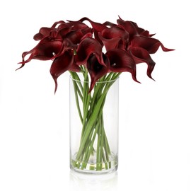JOJOWOO Real Touch Calla Lily Artificial Flowers in Vase, Faux Floral Arrangements with Vase and Fake Water for Home Decor Dining Table (Dark Red)