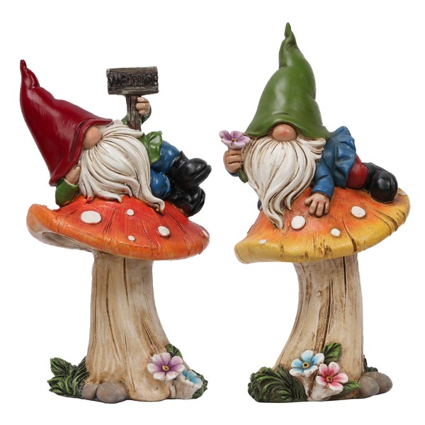 TERESA'S COLLECTIONS Garden Gnomes Statues for Yard Decor, Set of 2 Cute Gnomes Holding Welcome Sign Lying on Mushroom Garden Statues for Outdoor Patio Lawn Ornaments Birthday Housewarming Gift