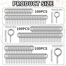Amabro Amabro 300PCS 3 Sizes Small Screw Eye Pins, Mini Metal Eye Pins Hooks Eyelets Screw Peg Threaded Self Tapping Screw Threaded Clasps Hooks for Jewelry Making Findings DIY Crafts(Silver)
