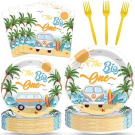 96Pcs Summer Beach The Big One Party Supplies Boy Surfing First Paper Plates Napkins The Big One Birthday Party Decorations 1st Birthday Dinnerware Party Favor Beach Hawaiian Tableware Serves 24