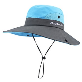 Kids Girls Ponytail Sun Hat Outdoor UV-Protection Foldable Mesh Wide-Brim Beach Bucket-Cap (3-8Y) Blue