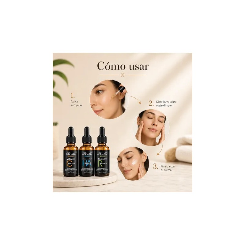 Suero Facial Vitamina C, Retinol, Ácido Hialurónico Set 3pz Vitamin