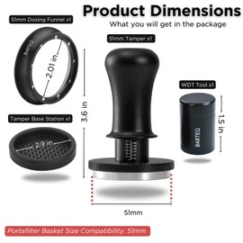 BARTEQ 51mm Espresso Tamper – Calibrated 30lbs Double Spring-Loaded Coffee Tamper with Dosing Funnel, WDT Tool & Stainless Steel Ripple Base – Fits 51mm Portafilters