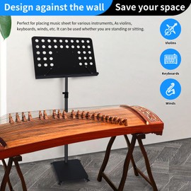 Zreephy Professional Orchestra Sheet Music Stand with Wheels - Tall Metal Music Book Stand Cell Phone Tablet Holder For Piano Keyboard Wind String Instruments Players - Adjustable Height 35.8"~78"