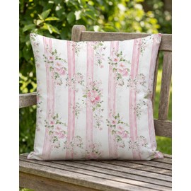 PreLiving Vintage Pink Floral Pillow Cover 18x18 – Striped Pastel Rose Cushion Case for Coquette Cottagecore Bedroom or Grandmillennial Decor