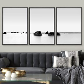 SIGNWIN Framed Canvas Print Wall Art Set Black & White Rocky Lake Zen Seascape Nature Wilderness Photography Realism Decorative Scenic Rustic Chic for Living Room, Bedroom, Office - 24"x36"x3 Black