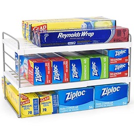 Pantry Organization and Storage for Kitchen - Expandable Kitchen Wrap Box Organizer Rack, Foil Organizer for Cabinet & Counter, Height & Width Adjustable Cupboard Storage Rack - (3 Tier 9.8 to 15.6"L)