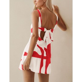 MISSACTIVER Women Sleeveless Linen Mini Dress Print Backless Square Neck Tank Dress Boho Vacation Sundress Shift Dresses Red