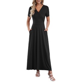 AUSELILY Maxi Dresses for Women Ankle Length Floral Print Beach Long Flowy Dress with Pockets Black L
