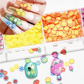 12 Grids 3D Fruit Nail Art Slices,Fruit Sliced Sequins Nail Supplies Stickers Decoration Fruits Banana Lemon Strawberry Cherry Watermelon Nail Art Design for DIY Crafts,Manicure Accessories