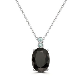 LE VIAN 15 2/5 Carat Oval Shape Black Sapphire and 1/3 Carat Blue Zircon Pendant Necklace for Women | White Gold Plated 925 Sterling Silver Necklace for Her | 18 Inch Chain with Lobster Claw Clasp