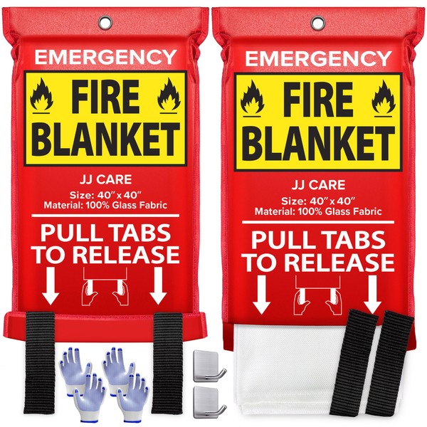 JJ CARE Fire Blanket – 2 Packs with Hooks and Gloves – Emergency Fire Blanket for Home & Kitchen, High Heat Resistant Fire Suppression Blankets for Home Safety, Kitchen, and Camping