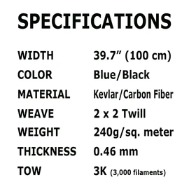 KARBXON - 5 ft x 1 Meter Wide (39.8 in) - Carbon Fiber Aramid Fabric - Blue - 3K - 240g/meter - Twill Weave Wide Hemmed Fabric for Repair, DIY Projects 60" x 39" roll