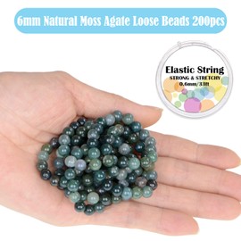 6mm 200pcs Natural Moss Agate Gemstone Round Loose Beads for Jewelry Making with Crystal Stretch Cord