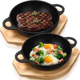 Jingmore 2 Sets Mini Cast Iron Skillet with Wooden Base Small Cast Iron Plates Skillet Pan Round Fajita Plate Hot Steak Pot Dish for Baking Cooking (9.45 Inch)