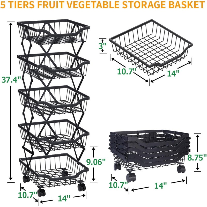 Newzealkids Fruit Vegetable Storage Basket 5 Tiers Stackable Metal Wire