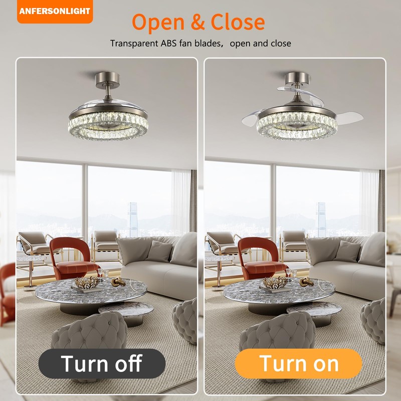 ANFERSONLIGHT Retractable Ceiling Fan with Lights and Remote, 42 Inch