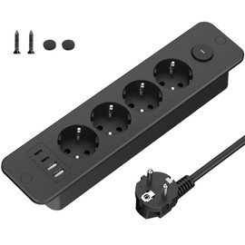 Doxuanai Tischplatte Steckdose mit USB, 4 Fach Einbausteckdose,Steckdosenleiste(3680W 16A) Mehrfachsteckdose 4 USB mit 2m Kabel für Tische und Möbel, Sofatisch-Schwarz