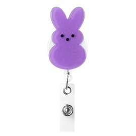 Easter Purple Rabbit Badge Holder,Easter Cute Bunny Badge Reel Retractable,Glitter Acrylic ID Name Tag Badge with Alligator Clip,Easter Gifts for Nurses Student Employee Doctors Party Supplies