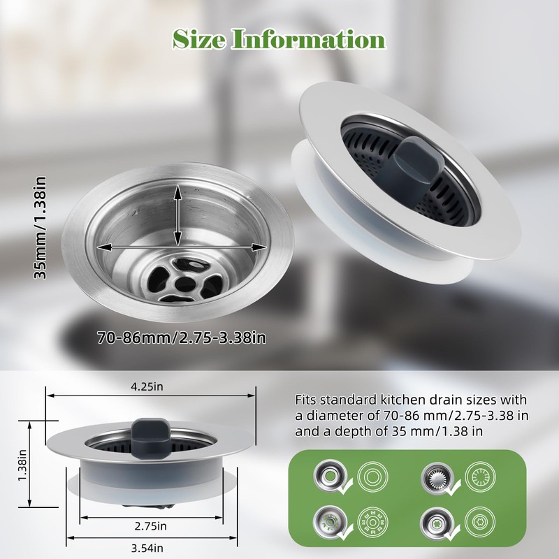 Kitchen Sink Drain Strainer Stopper, Stainless Steel Wrapped Pop Up