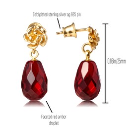 Cherry Red Amber Earrings for Women, Gold Plated Silver Pin with Flower Ornament, Small Gemstone Jewelry, Dainty Red and Gold Earrings for Women, Certified Amber