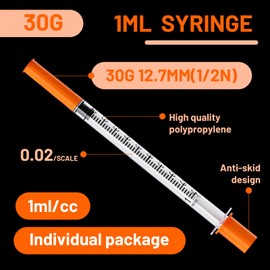 U-100 1mL Syringe 30Ga 1/2" 12.7mm Disposable Tools, Sterile Individually Wrapped, 25 Pack