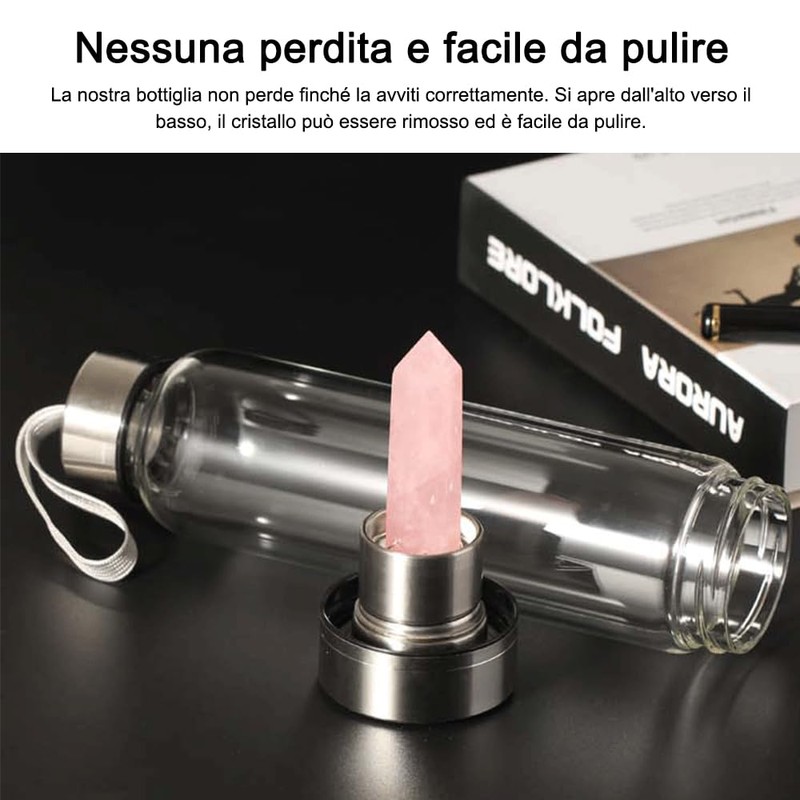 HINATAA Crystal Water Bottle, Removable Healing Natural Quartz Water Bottle,