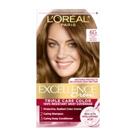 L'Oreal Paris Excellence Crème Permanent Hair Dye, Triple Care Hair Color with Pro-Keratine Complex for 100% Gray Hair Coverage, 6G Light Golden Brown, 1 Kit