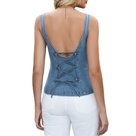 POLIRO Denim Vest Tops for Women Jean Backless Square Neck Faux Button Placket Adjustable Back Tie Open Back Y2K Top Spaghetti Strap Light Blue Country Concert Outfits Size 16 18 X-Large