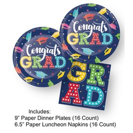 Creative Converting Graduation Party Paper Plates and Napkins Set, Navy Blue, 16 Count 9-inch Plates and 6.5-inch Napkins, Colorful GRAD Design