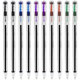 Pentel Superb Ballpoint Pen Ball Point Pens 0.7mm Nib Tip 0.25mm Line Width Fine Line Refillable Ink BK77 - Pack Of 10 - Black, Blue, Violet, Red & Green Ink