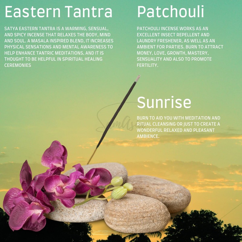 Satya Nag Champa Eastern Tantra, Patchouli and Sunrise Incense Sticks