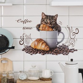 Coffee Time Wall Stickers for Kitchen Cute Cat Bread Wall Decals with Coffee Beans Peel and Stick Wallpaper for Home Cafe Shop Coffee Station Bar Pub Office