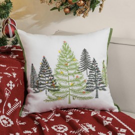 Lewondr Christmas Throw Pillow Cover, 1 PCS 18 x 18 Inch Cute Christmas Tree Embroidery Throw Pillow Case Luxury Soft Canvas Lumbar Pillow Cover Decorative Pillow Covers For Bed Home Decor Living Room