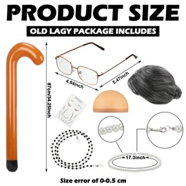 Ceenna 16 Pcs Kids 100th Day of School Costume, Old Lady Grandma Costume Old Man Costume Hat Glasses Grandpa Vest Granny Wig Crutch Pearl Necklace