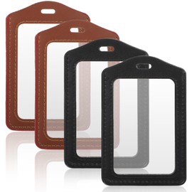 Yuanchu 4 Pcs Leather ID Badge Holders, Vertical Double-Sided Clear Card Holders Waterproof Name Badge Reel for Office Staff Employees ID Credit Cards(Black, Brown)