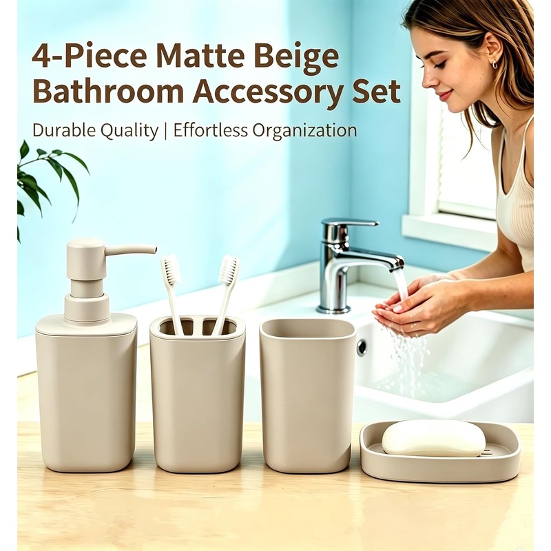 Juego de accesorios de baño beige mate, 4 dispensadores de
