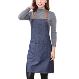 Aivtalk Kochbegeisterte Frauen Schürze Baumwolle Denim Kochschürze Küchenschürze Grillschürze Latzschürze Ärmellose Damen Schürze mit Taschen 71 * 65cm Denim Blau