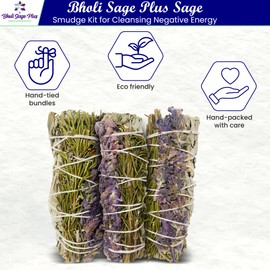 Sage Smudge Kit for Cleansing Negative Energy, Home and Creating The Energy of Happiness Rosemary & Lavender Sage Smudge Sticks with White Sage Pack of 3