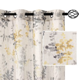 H.VERSAILTEX Sheer Linen Curtains 84 Inch Long Semi Sheer Curtains Draperies for Living Room/Bedroom Grey and Yellow Vintage Classical Floral Printing Window Treatment Grommet 2 Panels
