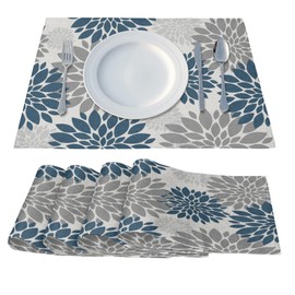 Placemats Set of 6 - Blue Gray Floral Place Mats for Dining Table - Heat Resistant Table Mats Washable Placemat Kitchen Home Party Indoor Outdoor Decor, 12 x 18 Inch, Flower