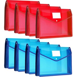Pack of 8 A4 Document Wallets, Document Folder with Press Stud, Plastic Envelope, Folder, Waterproof, Transparent Document Bags for School, Office, Receipts, Storage, Homework Storage, Blue + Red