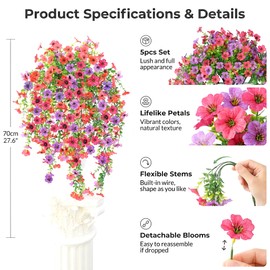 5PCS Artificial Faux Hanging Flowers Plants for Outdoor Decor,Fake Silk Daisy Flowers with Eucalyptus UV Resistant Realistic Vines for Home Porch Patio Balcony Yard Decor (Hot pink Fuchsia)