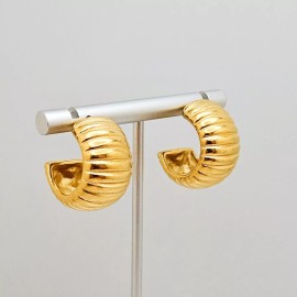 JW Jewelry Collection 18K Gold Plated Thick Ribbed C-Shaped Hoop for Women, Stainless Steel Earrings