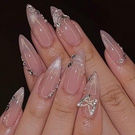 Medium Press on Nails Almond False Nails Glitter French Tip Fake Nails with Butterfly Charm Artificial Nails Pink Glossy Stick on Nails Cute Glue on Nails for Women 24PCS